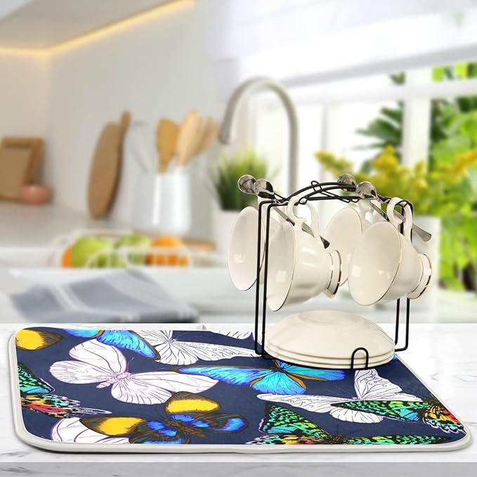 Absorbent Dish Drying Mat for Kitchen Counter - Blue Butterfly Microfiber Drying Pad, Reversible Drainer Mats for Countertop, Small 16" x 18"