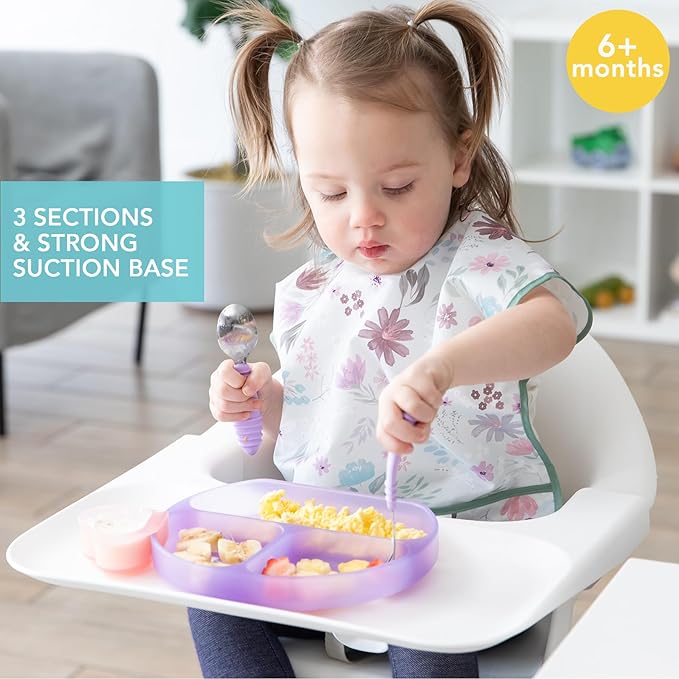 Bumkins Toddler and Baby Suction Plate, Silicone Divided Grip Dish for Babies and Kids, Baby Led Weaning, Children Feeding Supplies, Non Skid Sticky Bottom, Ages 6 Months Up, Purple Jelly