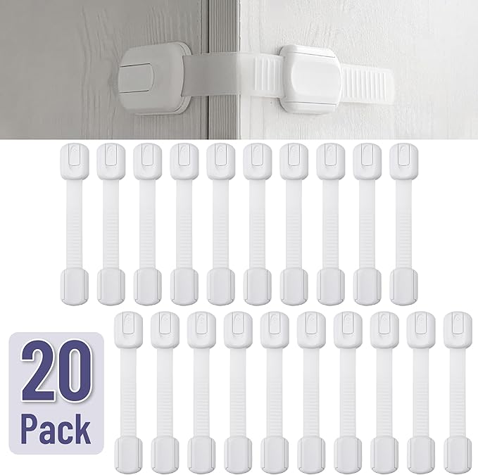 Bates- Child Safety Strap Locks, 20 Pack, White, Baby Cabinet Locks with Adjustable Strap Length
