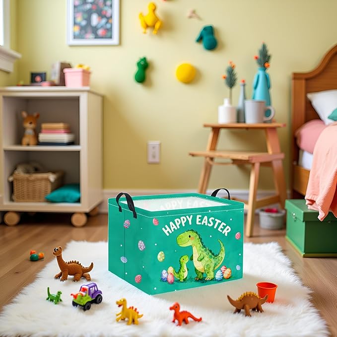 TIBAOLOVER Rectangular Easter Basket Baby Storage Basket with Handles for Home Kitchen Boys and Girls Cute Storage Bin Organizer Shelf Book Room Decor(Green Dinosaur)