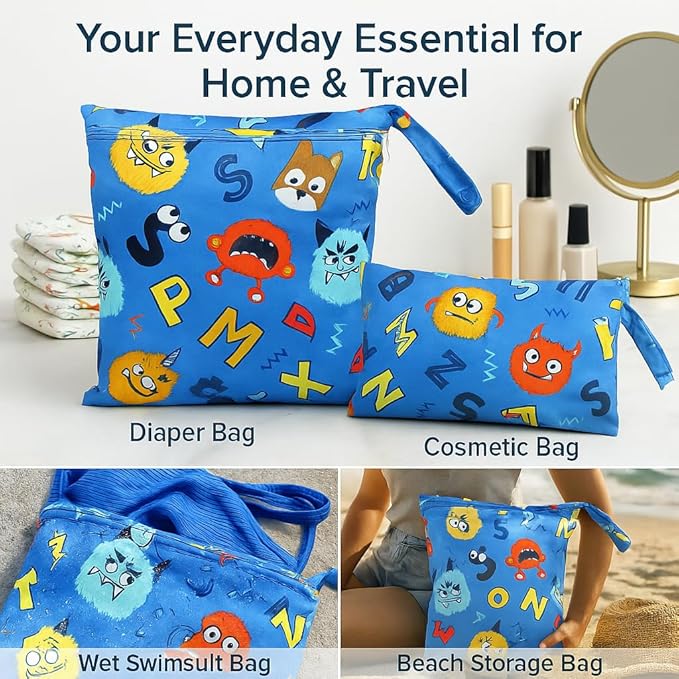 FANALALA Waterproof Wet Dry Bag, Reusable Diaper Pouch with Zipper, Machine Washable Travel Organizer for Beach, Daycare, Kids, Dinosaur Pattern (Blue Monster)