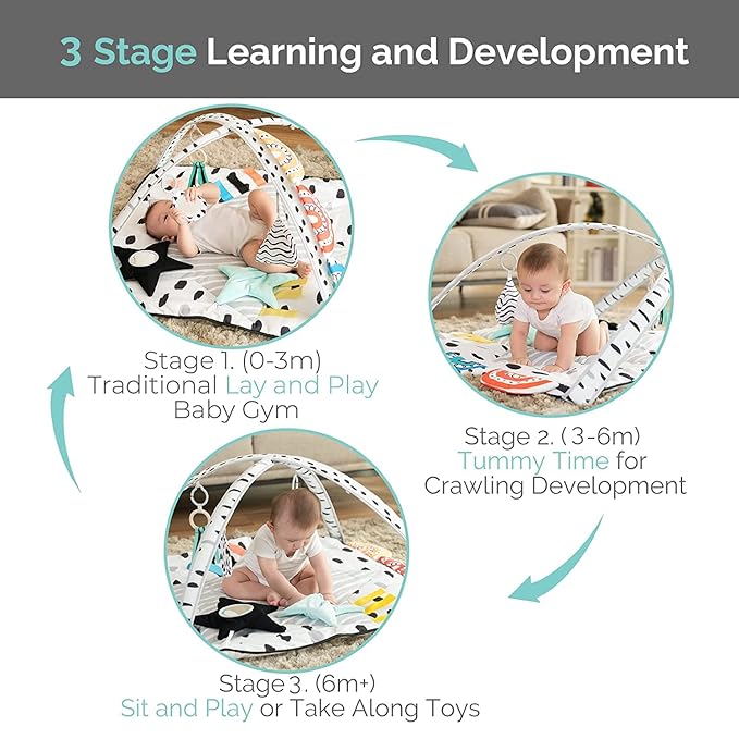 LADIDA Tummy Time Mat, Stage Based Baby Play Gym, Multi-Sensory & Motor Skills Development Baby Play Mat with 12 Toys, Portable Activity Mat Designed for Newborns to Toddler, Easy to Install & Clean