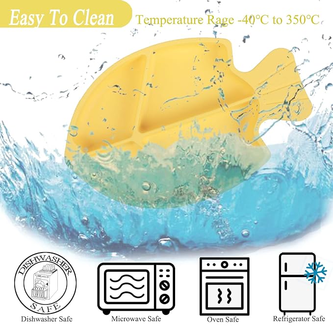 Baby plates with Suction,Silicone Suction Plates for Baby Toddler Kids BPA Free Microwave Dishwasher Safe -Plate yellow fish sets