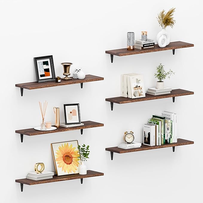 SKYSEN Floating Shelves for Wall Set of 6, 23.6in Wood Wall Shelf for Decor, Bathroom, Bedroom, Storage, Book,Kitchen, Living Room - Dark Brown(fs-60-d)