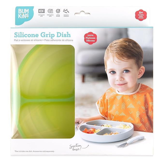 Bumkins Toddler and Baby Suction Plate, Silicone Divided Grip Dish for Babies and Kids, Baby Led Weaning, Children Feeding Supplies, Non Skid Sticky Bottom, Ages 6 Months Up, Green Jelly