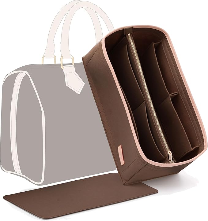 Purse Organizer Insert for Handbags, Fit Speedy 30 Neverfull Felt Tote Insert with Base Shaper Zipper Bag in Bag
