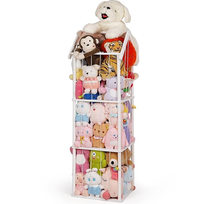 Edudif Stuffed Animal Storage, Space Saving Vertical Stuffed Animal Holder Wood, Easy Assembly Cottage-Style Plush Toys Organizer for Kids Bedroom & Playroom (White, Large)