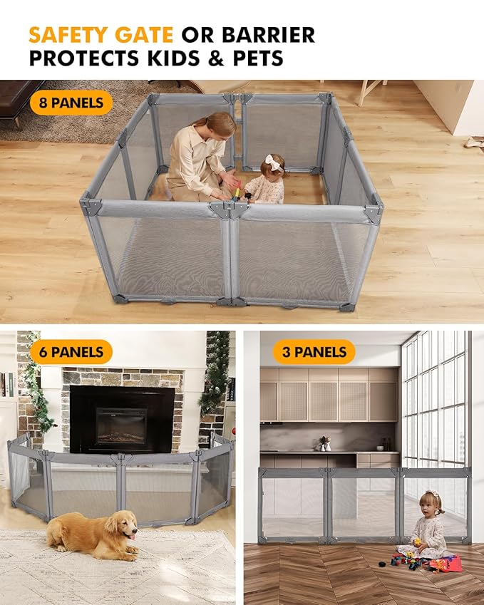 Dearlomum Extra Wide Baby Gate Playpen with Heat-Resistant Mesh,3 Panel Foldable Baby Fence,Indoor/Outdoor Safety Barrier,Dog Playpen &Fireplace Gate,Grey