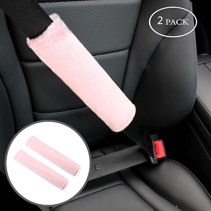 Amooca Soft Faux Fur Universal Fit Seatbelt Cover Car Truck SUV Airplane Seat Belt Shoulder Pad for Carmera Backpack Straps Neck Cushion Protector 2 Pack 10.5in Nude Pink