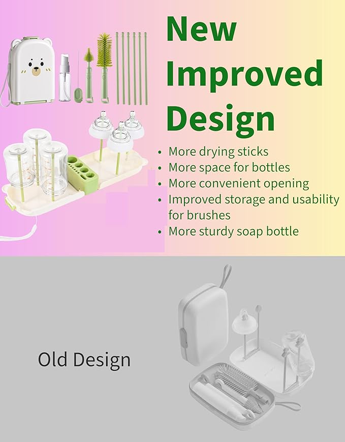 Travel Bottle Cleaner kit, 7in1 Baby Toddler Travel Essential Silicone Bottle Brush Set, Nipple, Drying Rack, Straw, & Breast Pump Cleaning, Soap Dispenser & Organizer Case, Gift for Mom