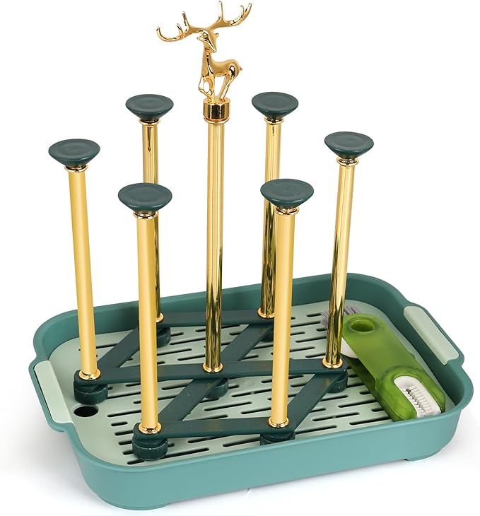 Baby Bottle Drying Rack, Foldable Stainless Steel Base, with Drip Tray & Cup Cleaning Brush, Collapsible Cup Draining Holder Non-Slip, for Kitchen Counter, Sink or Dishwasher