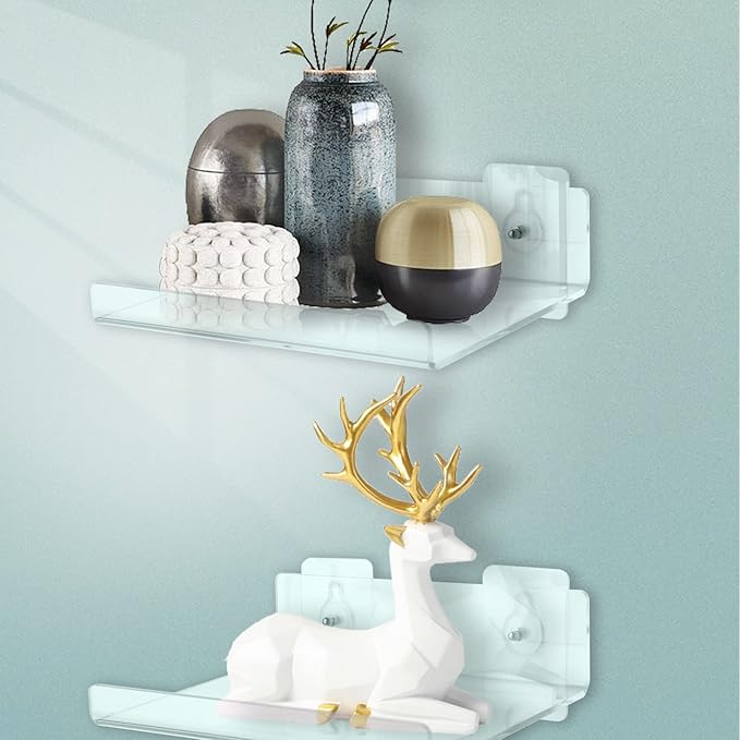 DingCo Floating Acrylic Shelves, 8X6 Inch Clear Wall Shelf, Small Plant Shelves, Picture and Toy Display Stand (No Drill, 2 Pack)
