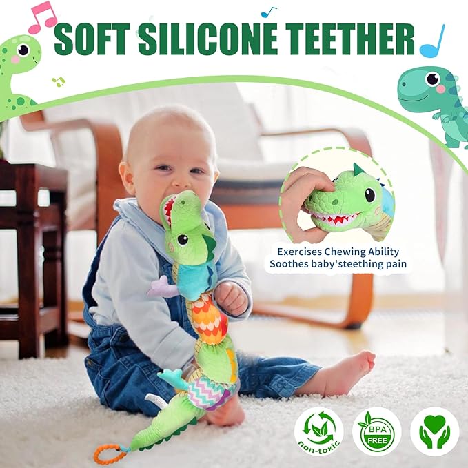 Baby Sensory Green Dinosaur Plush Musical Rattle Toy with Rustling Sounds for Infant 0-6 Months, Tummy Time Sensory Toys for 3-12 Month Old Newborn