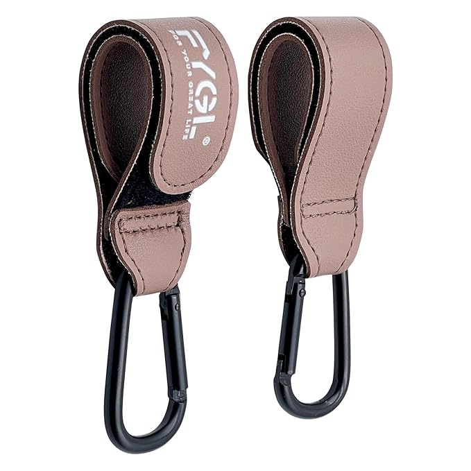Stroller Hooks - Leather Buggy Clips, Pushchair Carabiner Clip for Bags, Easy Attachment for Pram, Universal Stroller Clips and Hooks, Stroller Accessories - Oak Red (2 Pack)