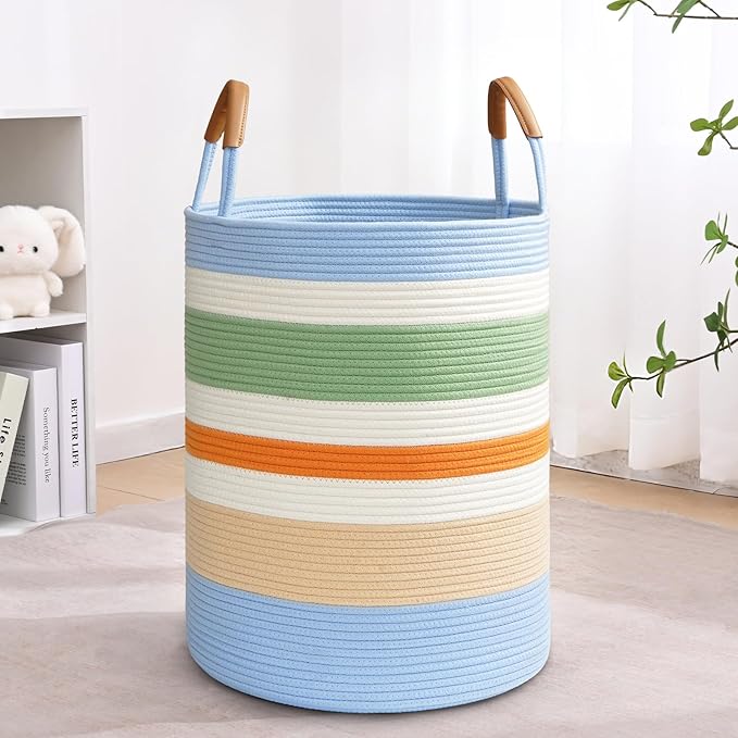 Degeyoyo 60L Striped Laundry Basket, Rainbow Laundry Hamper with Leather Handles, Woven Cotton Rope Storage Bin for Blankets, Nursery Hamper for Clothes, Toys In Bathroom, Livingroom, Bedroom