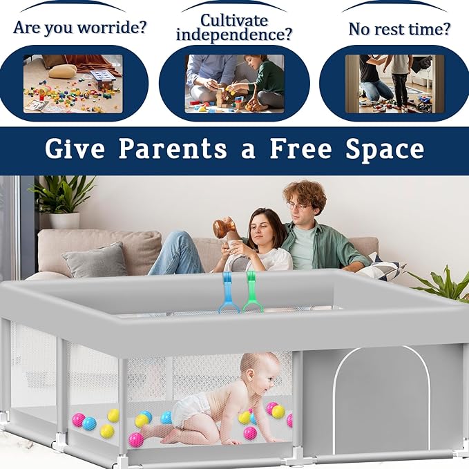 Baby Playpen with Balls and Pull Rings, 50x50 Inch Playpen for Babies and Toddlers Baby Playpen Fence Playard Activity Center, Without MAT Included