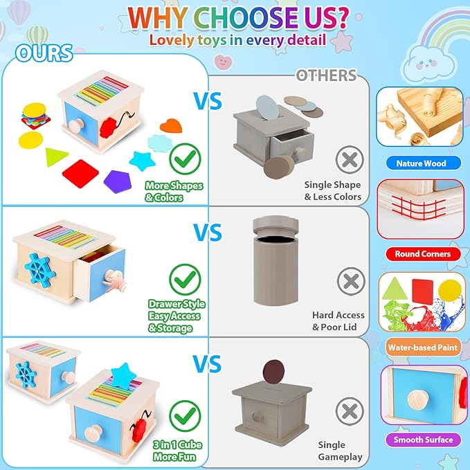 FCSONU Toddlers Montessori Coin Box Toys for 1 2 3 Year Old Boys Girls, Wooden Baby Toys for Toddlers 1-3, Color Sorting Stacking Sensory Toys for Ages 2-3, Easter Birthday for Kids