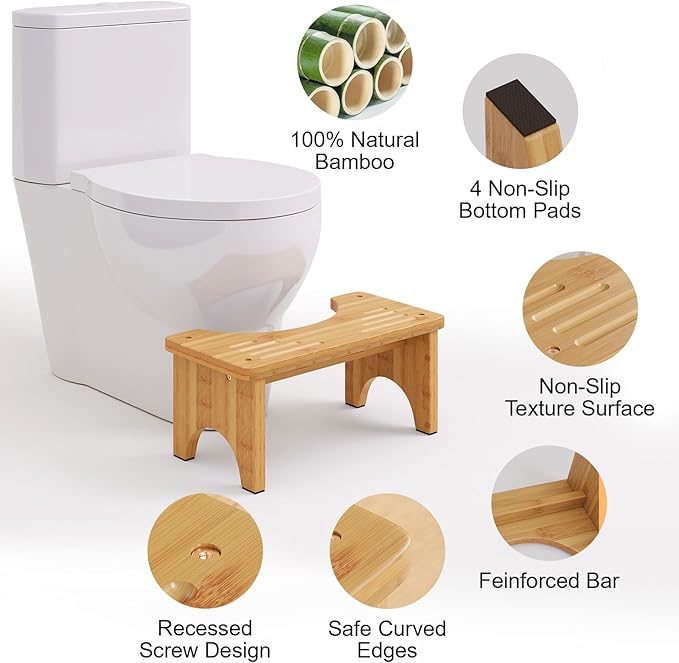 9 Inch Toilet Stool for Adults, Natural Bamboo Wood Poop Stool for Squatting Potty, Non-Slip & Portable Bathroom Step Stools for Healthy Pooping, Natural Color, 1 Pack
