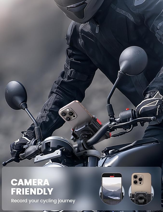 Lamicall Motorcycle Bike Phone Mount - [No Block Camera] [1s Lock] Bike Cell Phone Holder Clamp, Bicycle Scooter Handlebar Clip, for iPhone 16 15 14 Pro Max, Galaxy Ultra, 4.7-7" Phones, Red