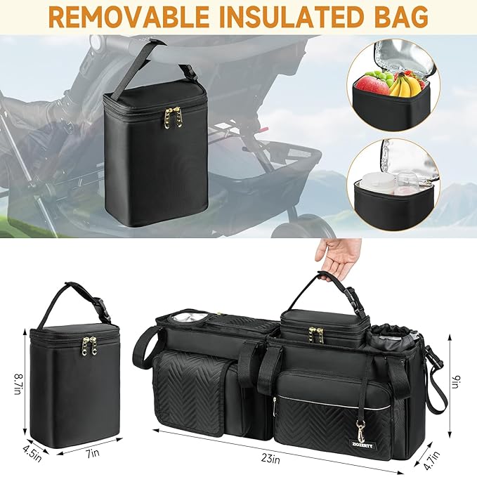 Double Stroller Caddy Compatible with Bob Duallie,Baby Jogger City Mini Gt2 and Zoe Twin V2,Double Stroller Parent Console with Cooler Bag and Cup Holder,Black