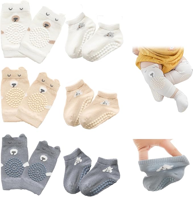 Feidoog Baby Crawling Knee Pads with Anti-Slip Elastic 3 Pairs Knee Pads and 3 Pairs Socks Set,Infant Kneepads for Crawling