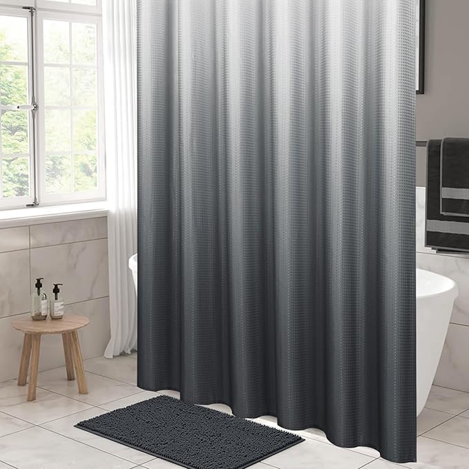 MitoVilla Extra Long Shower Curtain 72 x 84, Grey Ombre 84 inch XL Waffle Fabric Shower Curtains for Modern Luxury Bathroom Decor, Waffle Weave Textured 180GSM Weighted Shower Curtain 84 inch