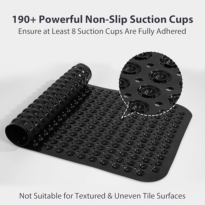 Black Bathtub Mat Shower Mat Non Slip 17x30 Inch Standard Size, Soft Bubble Bath Tub Mat Shower Mats for Inside Shower Bathroom Floor Mat with Big Suction Cups & Drain Holes, BPA-Free