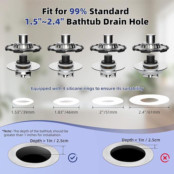 Metal 2 Pack Bathtub Drain Stopper with Top Hair Catcher, Innovative 3 in 1 Pop-up Bathtub Strainer, Tub Stopper with Detachable Stainless Steel Filter Basket for Standard 1.5 to 2.4'' Drain, Chrome