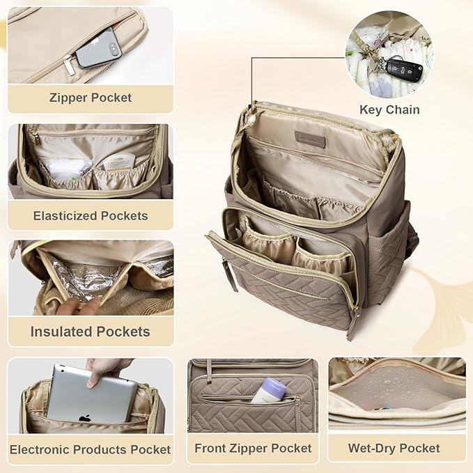 Omanmoli Diaper Bag Backpack Baby Large Travel Work School Backpack for Women with 17 Bag Organizers,4 Insulated Pockets,Portable Changing Pad,Stroller Buckles,Brown