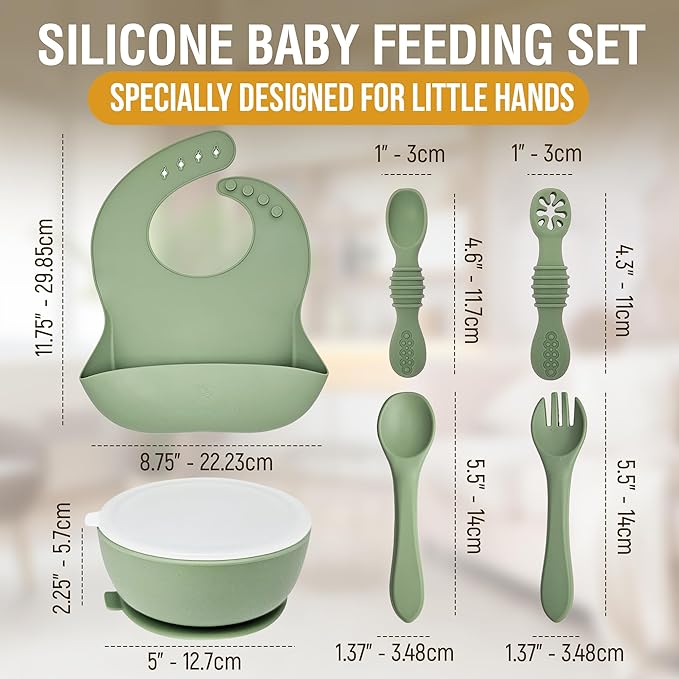 6 Piece Baby Bowls With Suction and Lids | Toddler Bowl Set with 1 Bowl, 1 Bib, 2 Baby Spoons, 1 Large Spoon, 1 Large Fork, Baby Feeding Essentials (1, Light Blue)