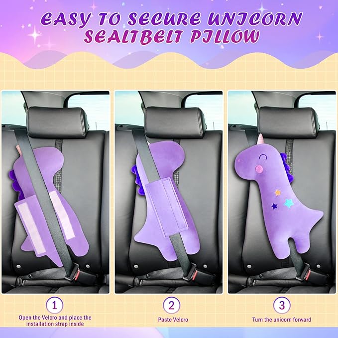 Premium Quality Soft and Fluffy Unicorn Seat Belt Pillow for Kids - Ergonomic Design for Safe and Comfortable Journeys in Cars, Machine Washable, Perfect for Long Travel, Throw Pillow, and Home Decor