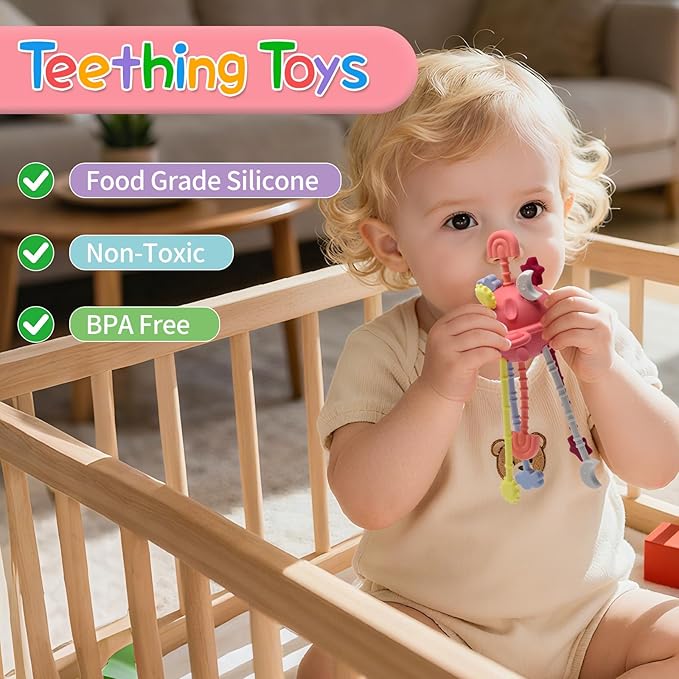 Little Rawr Silicone Baby Sensory Montessori Toys & Pull String Toys for 18 M+, Toddler Birthday Gift Car Seat Airplane Travel Toy for 1 2 Year Old Boy Girl Infant 18+ Months Old (Red)