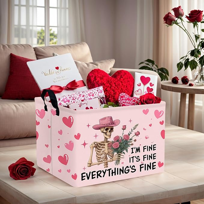 ASKETAM Valentine's Day Basket Gift for Empty Cute Heart Large Storage Bin for Kid and Baby Room Décor (Pink Rose Skull Heart)