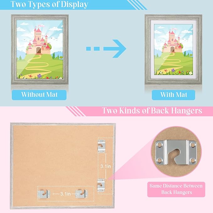 [2 Pack] Kids Art Frames, 10x12.5 Front Opening Kids Artwork Frames Changeable, Grey Wood Grain Artwork Display Storage Frame for Wall, Holds 50 Pcs, for 3D Picture, Crafts, Children Drawing, Hanging