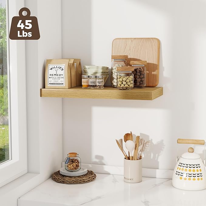 Fun Memories 24 x 12 Inch Deep Floating Shelves, 12 Inch Deep Rustic Wooden Book Shelf, Extra Deeper & Thicker Hanging Shelves for Living Room, Bathroom, Bedroom, Kitchen, Office, Set of 3 (Oak)