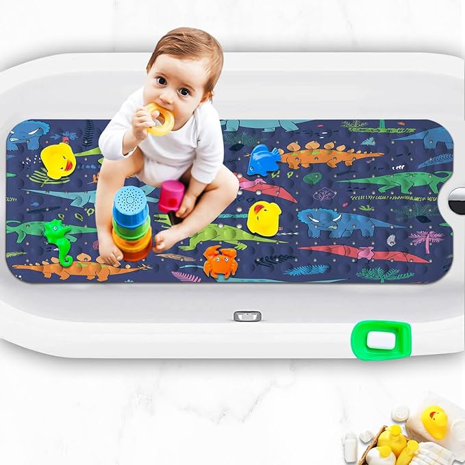 KINUUIS Bathtub Mats for Kids, Cartoon Blue Dinosaur Bath Mat for Tub Non Slip, 40 X 16 Inch Large Washable Bathtub Mat Non Slip for Showers with Drain Holes and Suction Cups