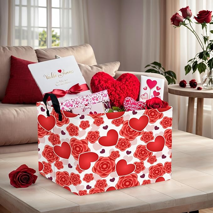 ASKETAM Valentine's Day Basket for Gifts Empty Cute Heart Large Gift Basket Decorative Storage Bin for Kid and Baby Room Décor (Red Love Rose)