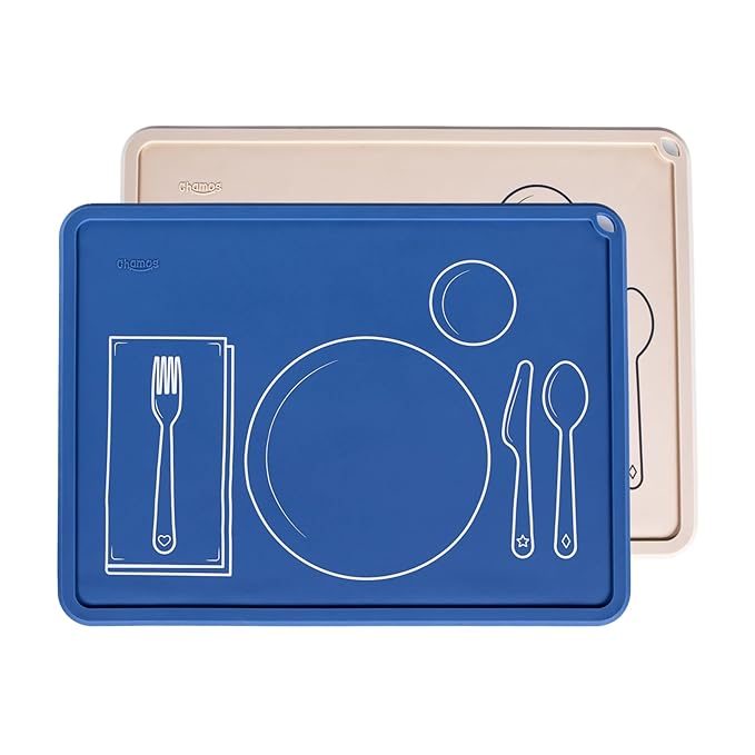 CHAMOS Montessori Placemat for Toddlers - Kids Silicone Mats for Dining Table - Set of 2 - Table Setting Learning (Sapphire and Beige)