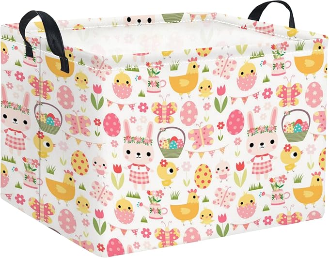TIBAOLOVER Rectangular Easter Basket Easter Basket for Kids Baby Storage Basket Cute Toy Storage Bin Organizer Shelf Book Basket Easter Room Decor(Pink Easter Egg)