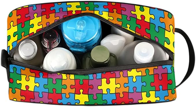 Travel Toiletry Bag for Kids Colorful Puzzle Waterproof Hanging Cosmetic Pouch Dopp Kit Medicine Organizer Bag for Girls & Boys