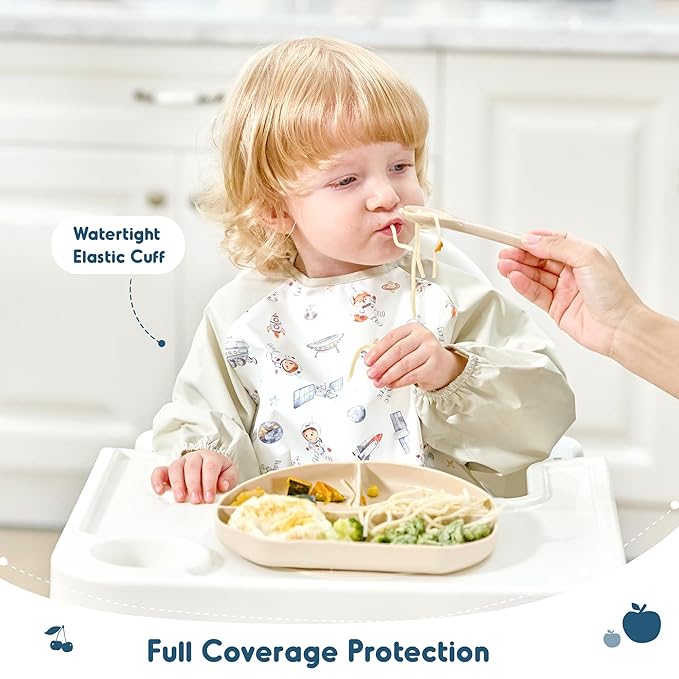 GRSSDER 2 Pack Long Sleeve Baby Feeding Bibs, Super Soft Lightweight Waterproof Coverall Baby Led Weaning Bib with Large Food Catcher Pocket, Adjustable and Easy Clean for 6-30 Months