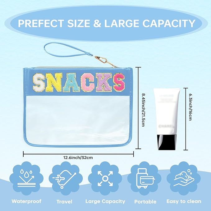 Chenille Letter Clear Zipper Pouch for Travel Preppy Patch Makeup Bag-Nylon Cosmetic Preppy Makeup Waterproof Organizer Bag Set for Women Valentines Bag (BL-snacks)
