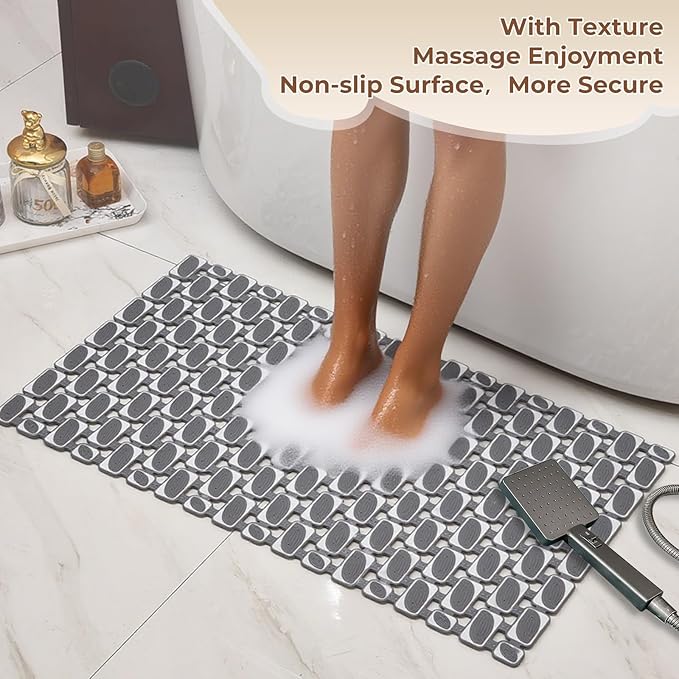 PuoWeo Bathtub Mats Non Slip for Bathroom with Suction Cups and Drain Holes 27.6 * 15.7 Inch Shower Mat for Inside Shower, Quick Dry Bath Mat for Baby Kids Seniors, Easy to Cut Easy Dry