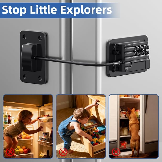 RORMGO Refrigerator Lock, Heavy Duty Fridge Locks for Kids, Freezer Lock with Combination for Refrigerator Drawer Cabinet Safety, Easy to Install No Keys Needed Black