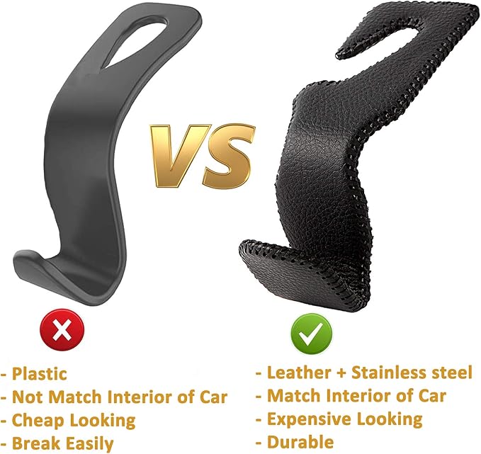 Car Headrest Hook, Leather Vehicle Back Seat Hanger Storage for Purse Groceries Bag and More, Black&Red, Pack of 2