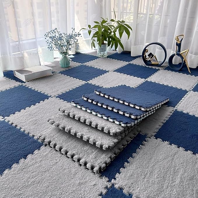 12pcs Carpet Squares Puzzle Floor Mat, Plush Interlocking Carpet Tiles, Anti Slip EVA Foam Jigsaw Floor Tiles, Build A Safe Area for Bedroom Playroom (Grey+Navy)