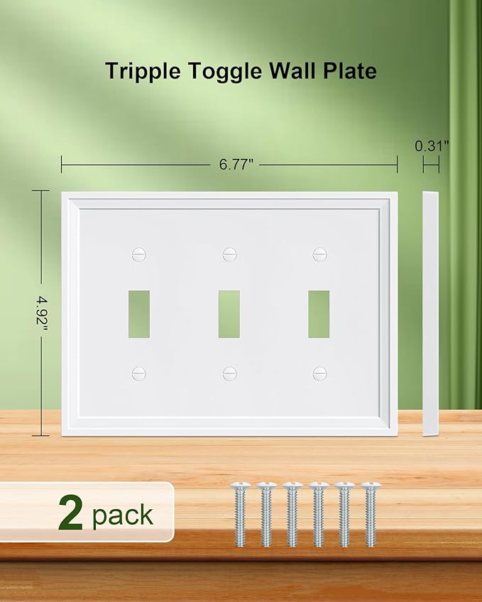 2-Pack Triple Toggle Light Switch Cover Plate, White Decorative Switch Plate Covers, Natural Bamboo Fiber 3 Gang Wall Plate, Corrosion Resistant
