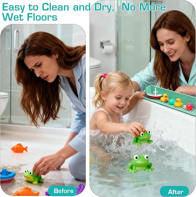 31.5" Bathtub Splash Guard for Kids & Toddlers - Silicone Play Shelf & Toy Storage Tray with Strong Suction Cups to Prevent Water Spills, No-Leak Fun Bath Time - Tub Toy Holder Ledge,Green