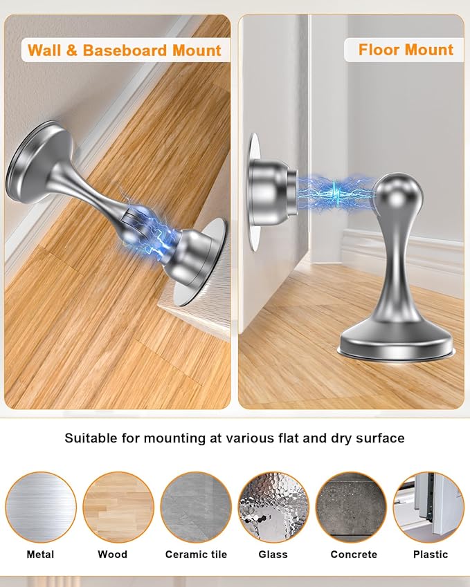 Crosize Magnetic Door Stoppers 6 Pack, Stainless Steel Door Stops for Wall and Floor Mounting, Door Holder Keep Door Open, No Drilling Door Stop with 3D Adhesive Tapes, Silver