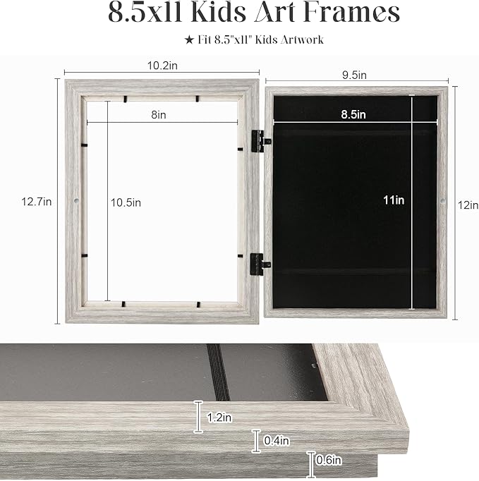 [2-Pack] Kids Art Frames, 8.5x11 Front Opening Kids Artwork Frames Changeable, Grey Wood Grain Artwork Display Storage Frame for Wall, Holds 50 Pcs, for 3D Picture, Crafts, Children Drawing, Hanging